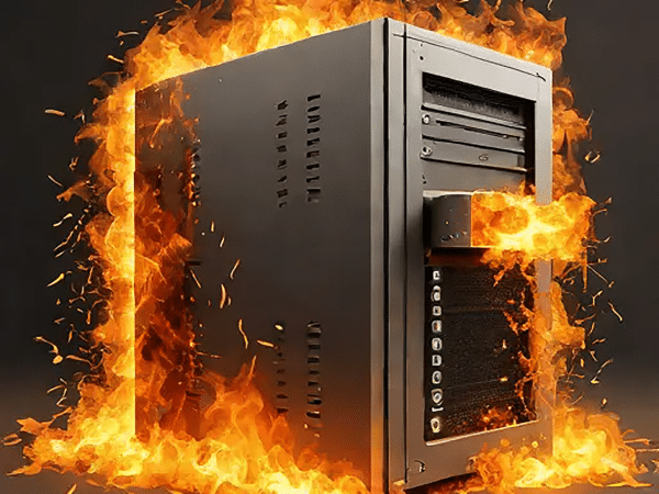 Ki generiertes Bild eines Computers der in Flammen steht.